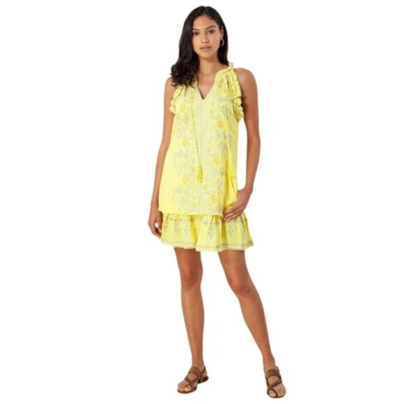 Hale Bob Yellow Embroidered Ruffle Hem Sleeveless Boho Mini Dress - Picture 13 of 13